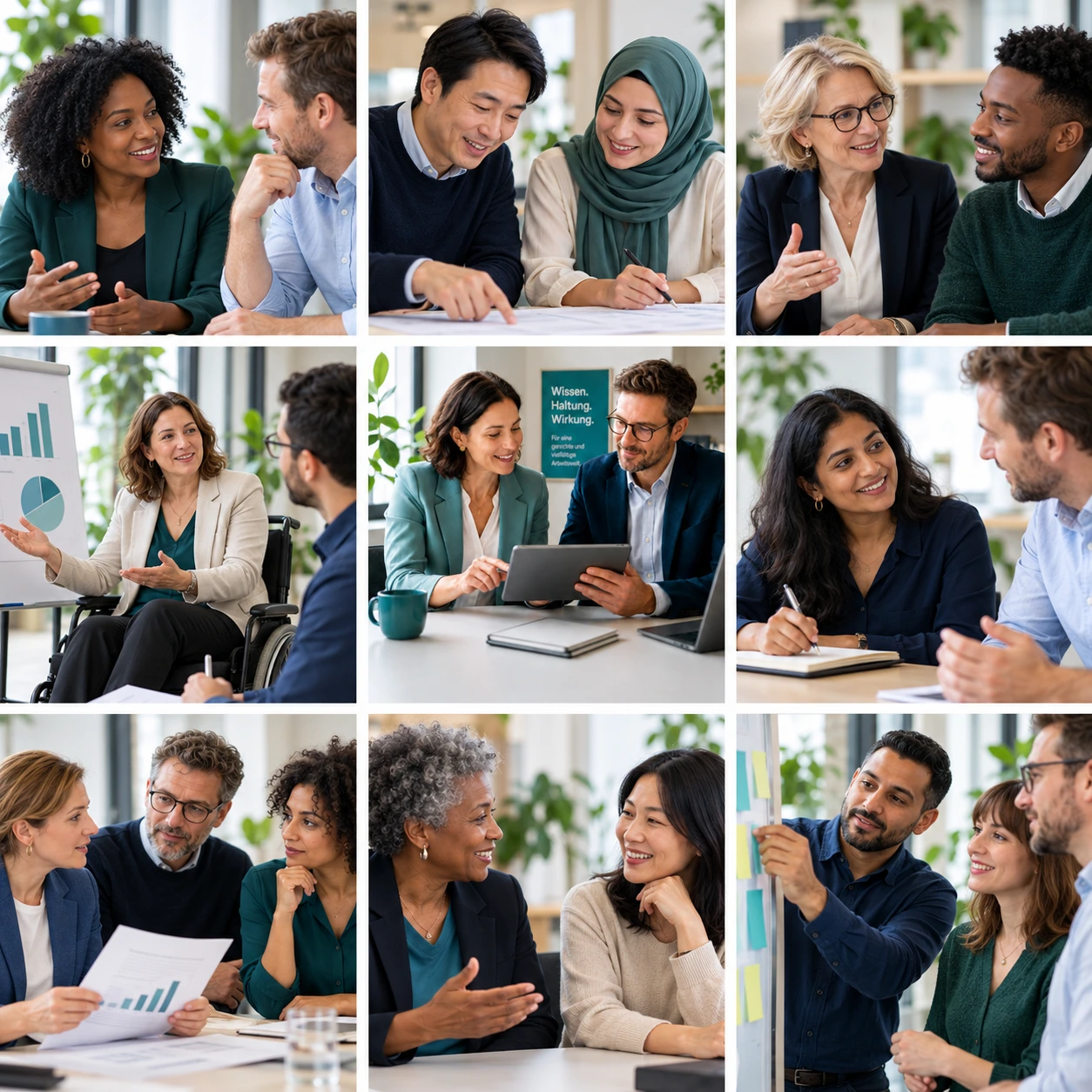 gleichstellung-akademie-weiterbildung Collage mit Menschen unterschiedlicher Herkunft und Altersgruppen beim gemeinsamen Lernen und Arbeiten – Gleichstellung Akademie
