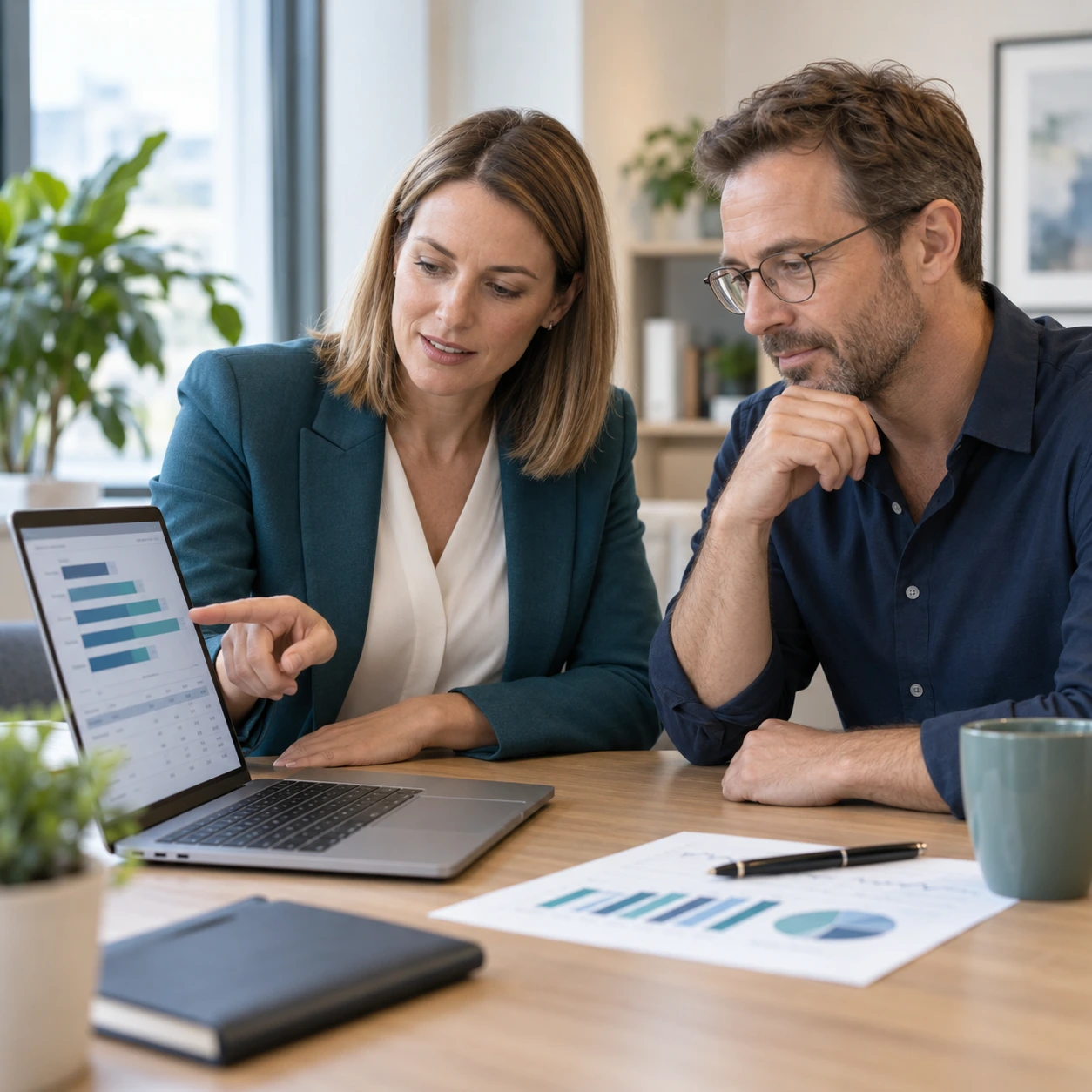 weiterbildung-entgelttransparenz-equal-pay Frau und Mann vergleichen gemeinsam Diagramme und Gehaltsdaten am Laptop.