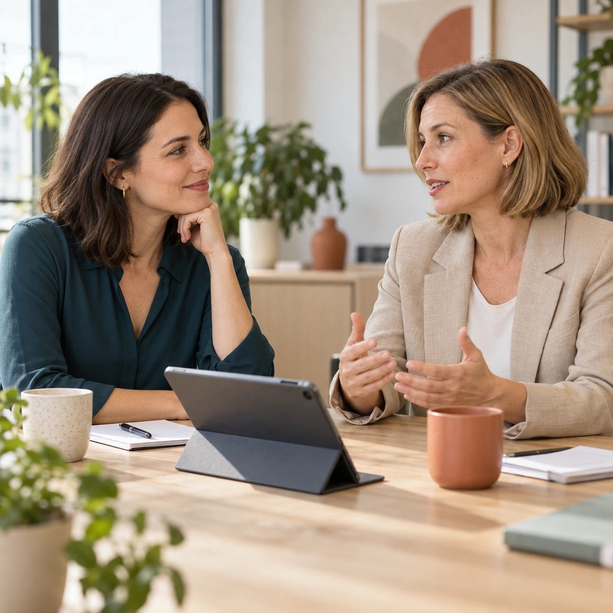 weiterbildung-female-health-equality-manager Zwei Frauen im persönlichen Austausch am Bürotisch mit Tablet und Notizen - Weiterbildung Female Health & Equality Manager:in